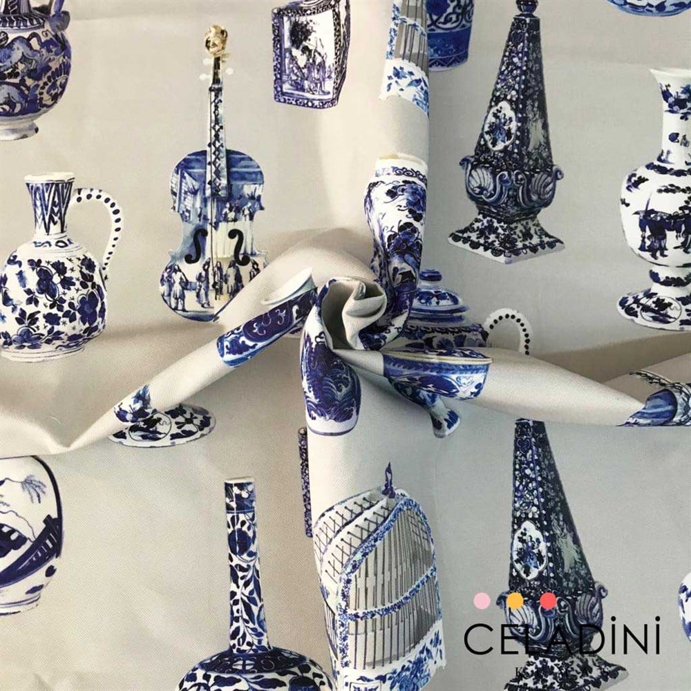 Çini Vazo Desenli Kumaş (Gri)