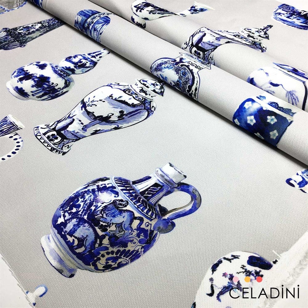 Çini Vazo Desenli Kumaş (Gri)
