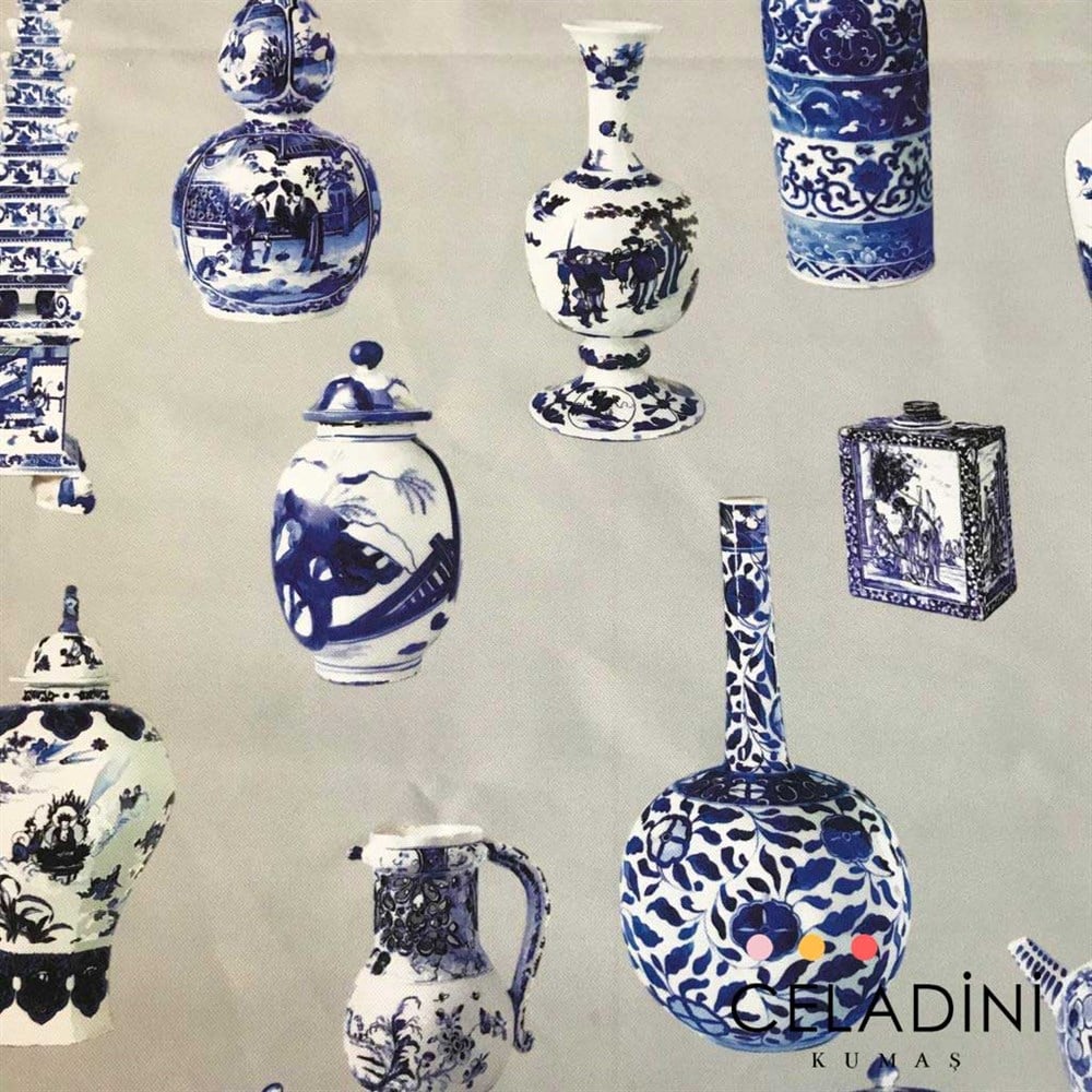 Çini Vazo Desenli Kumaş (Gri)