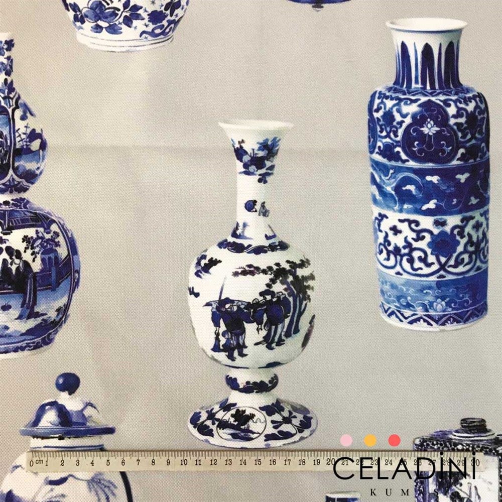 Çini Vazo Desenli Kumaş (Gri)