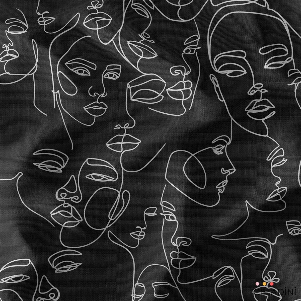 Çizgi Sanatı Kadın Yüzü Pop Art Kumaş (Siyah)