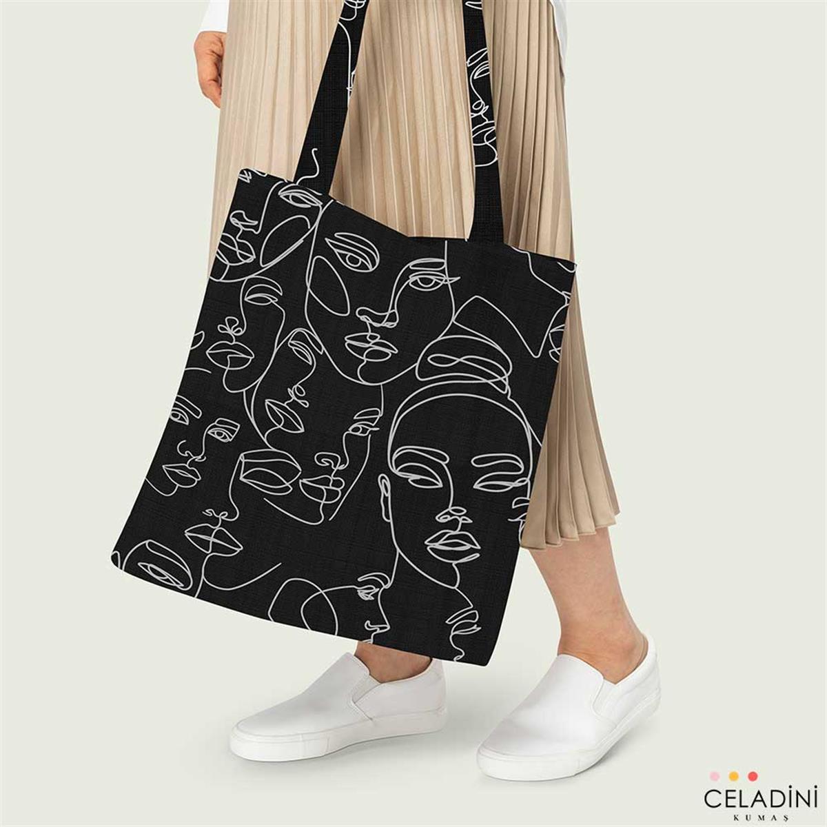 Çizgi Sanatı Kadın Yüzü Pop Art Kumaş (Siyah)