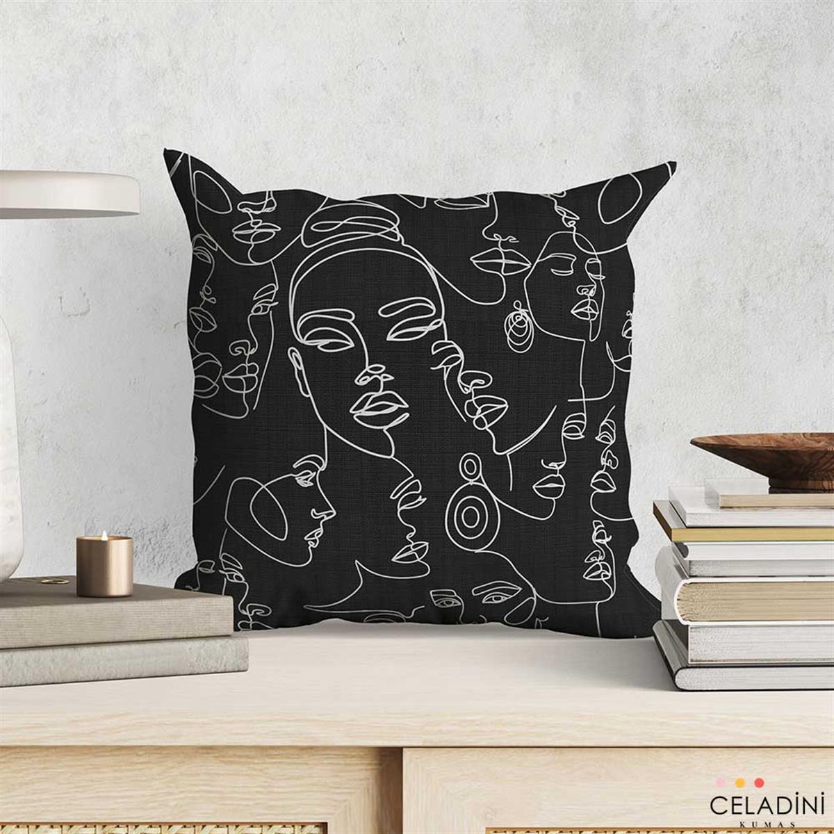 Çizgi Sanatı Kadın Yüzü Pop Art Kumaş (Siyah)