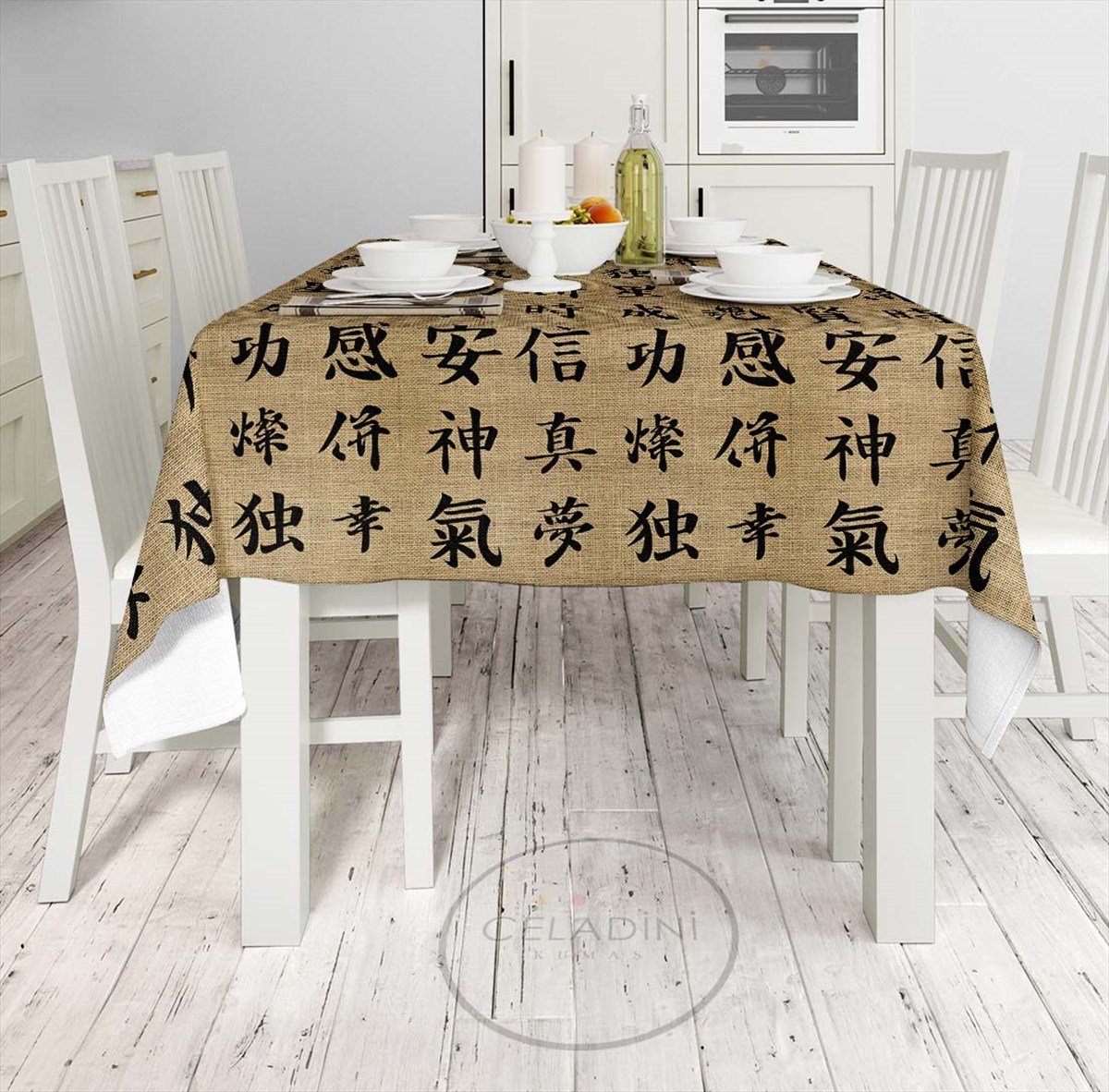 Çuval Efektli Japon Harfleri Desenli Kumaş 