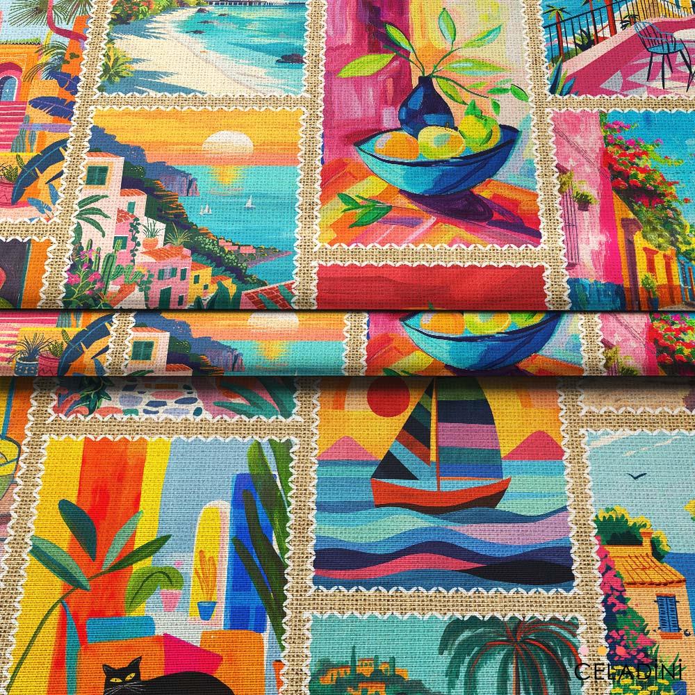 Çuval Zemin Egzotik Kolaj Patchwork Desenli Kumaş