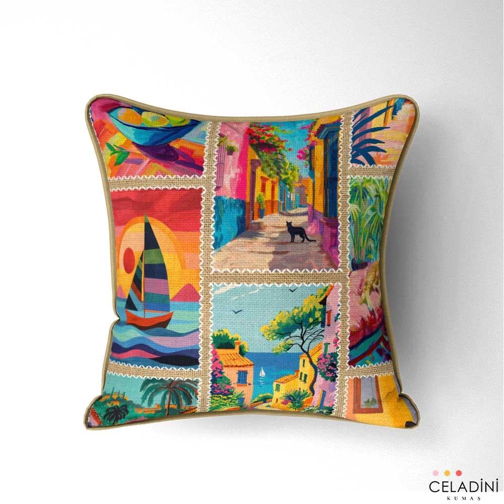 Çuval Zemin Egzotik Kolaj Patchwork Desenli Kumaş