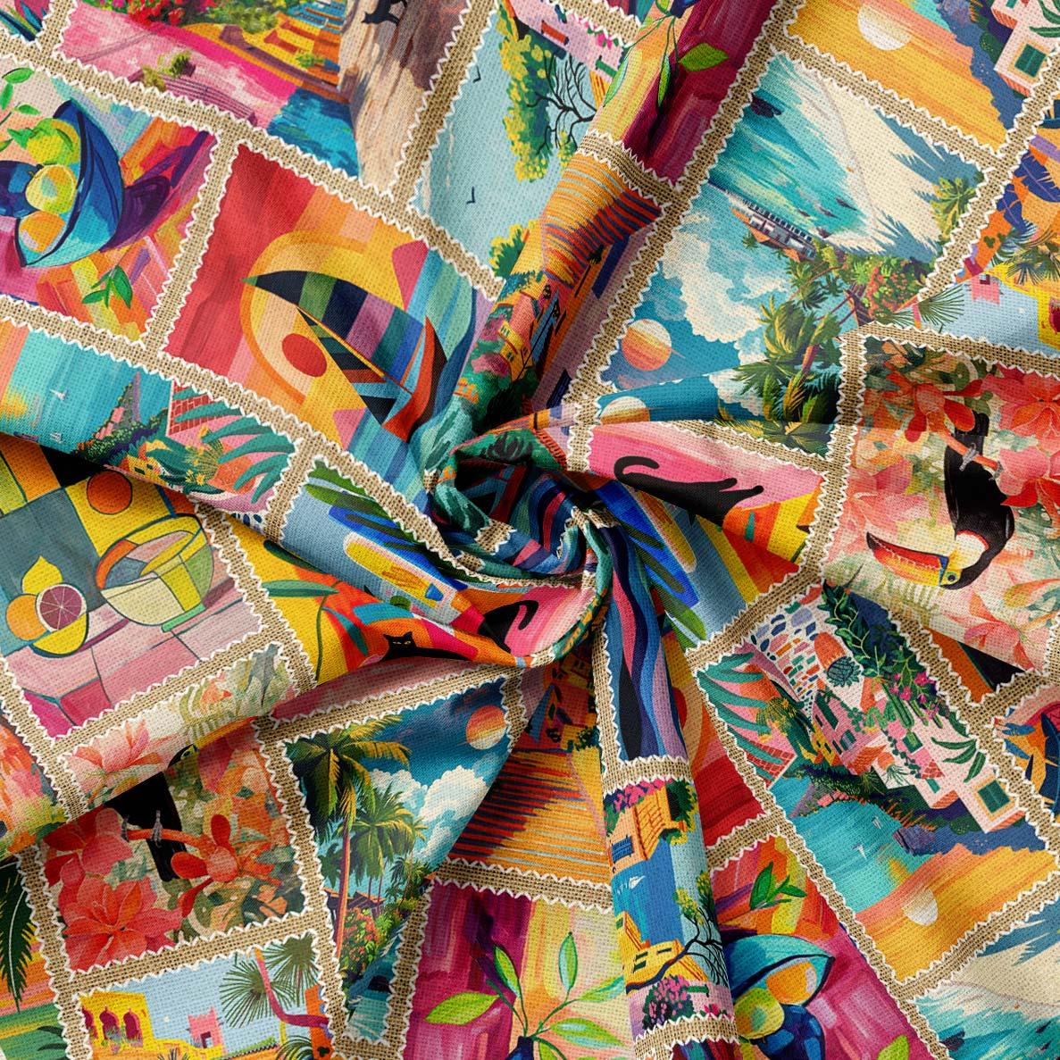 Çuval Zemin Egzotik Kolaj Patchwork Desenli Kumaş