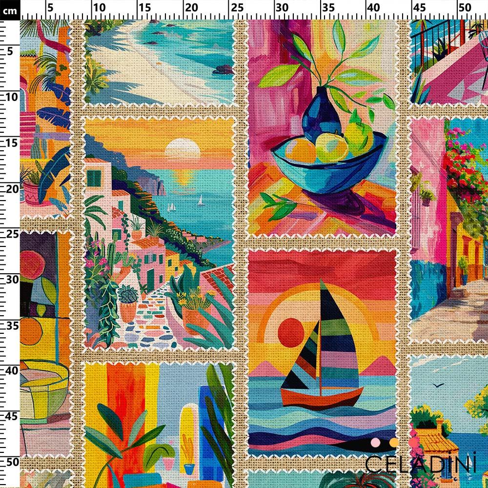 Çuval Zemin Egzotik Kolaj Patchwork Desenli Kumaş