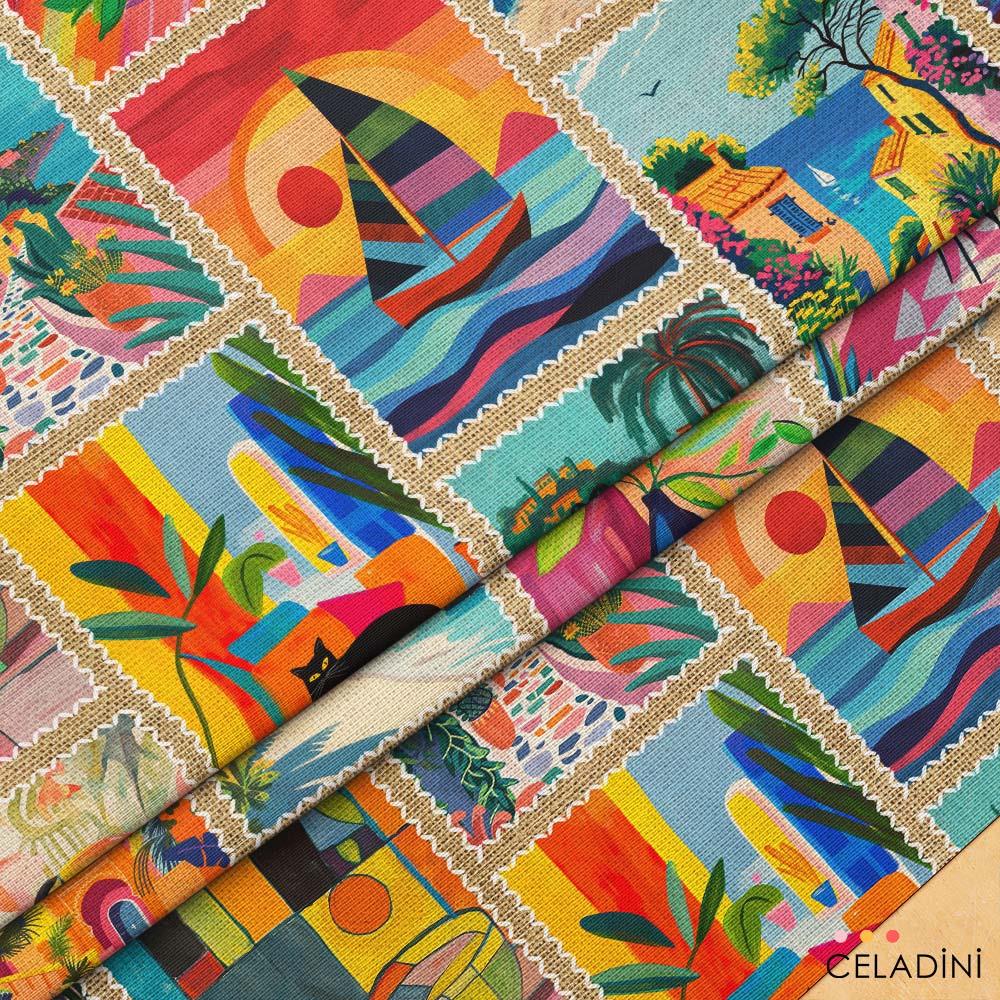 Çuval Zemin Egzotik Kolaj Patchwork Desenli Kumaş