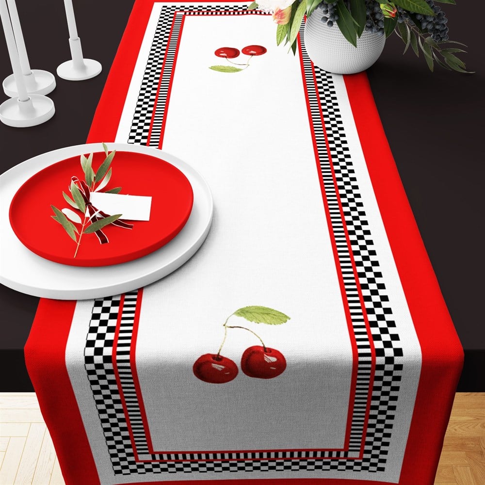 Damalı Kiraz Desenli Runner Kumaşı