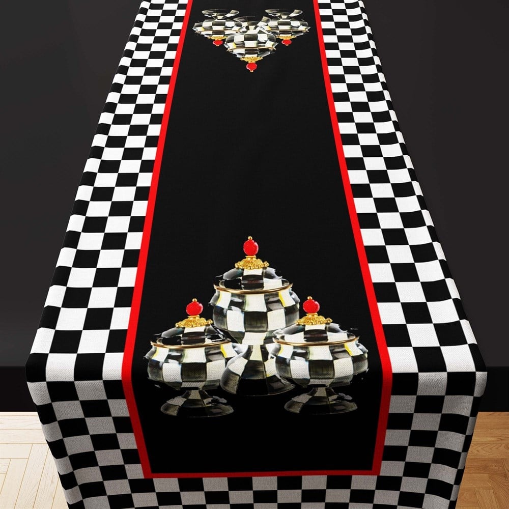 Damalı Vazo Set Desenli Runner Kumaşı (Siyah)