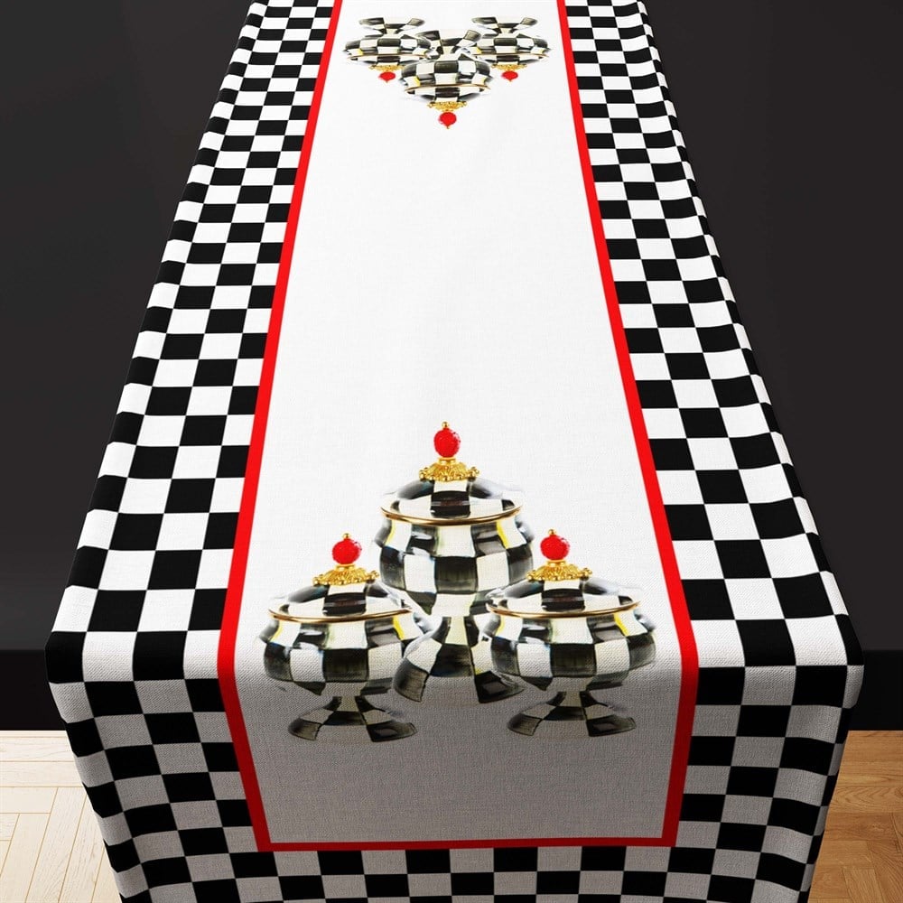 Damalı Vazo Set Desenli Runner Kumaşı (Beyaz)