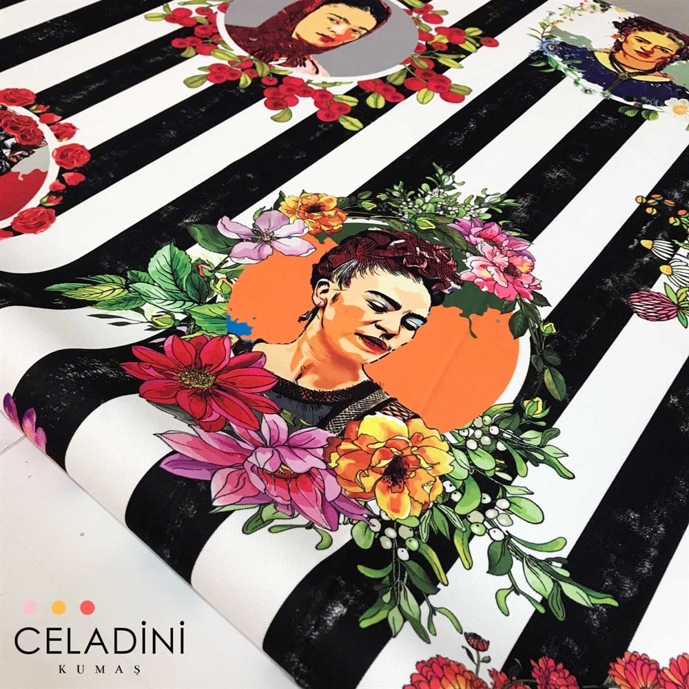 Eskitme Çizgili Frida Kahlo Desenli Kumaş