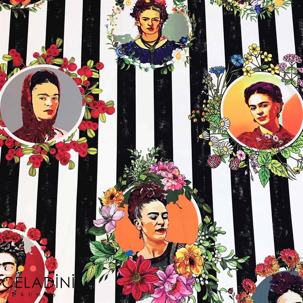 Eskitme Çizgili Frida Kahlo Desenli Kumaş