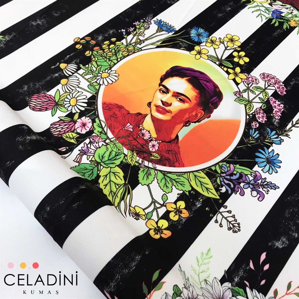 Eskitme Çizgili Frida Kahlo Desenli Kumaş