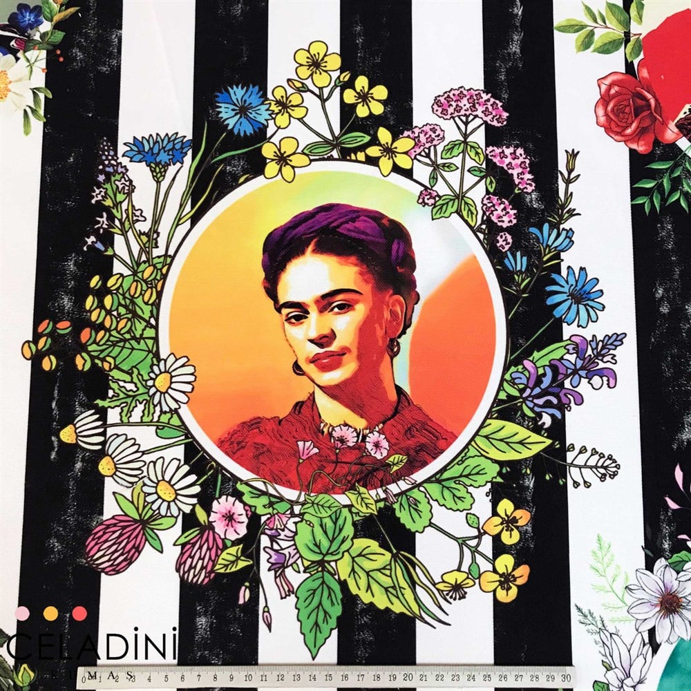 Eskitme Çizgili Frida Kahlo Desenli Kumaş