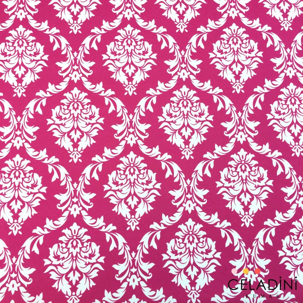 Fuşya Beyaz Büyük Damask Desenli Kumaş