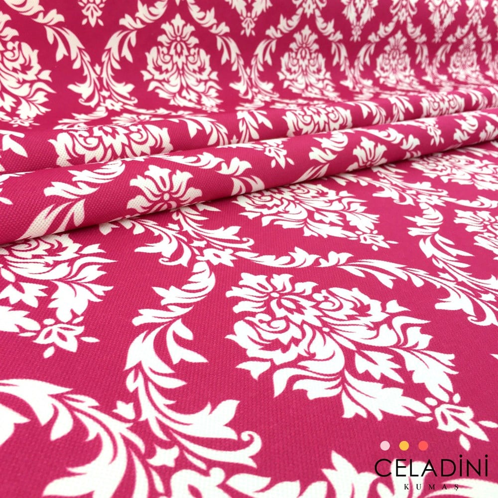 Fuşya Beyaz Büyük Damask Desenli Kumaş