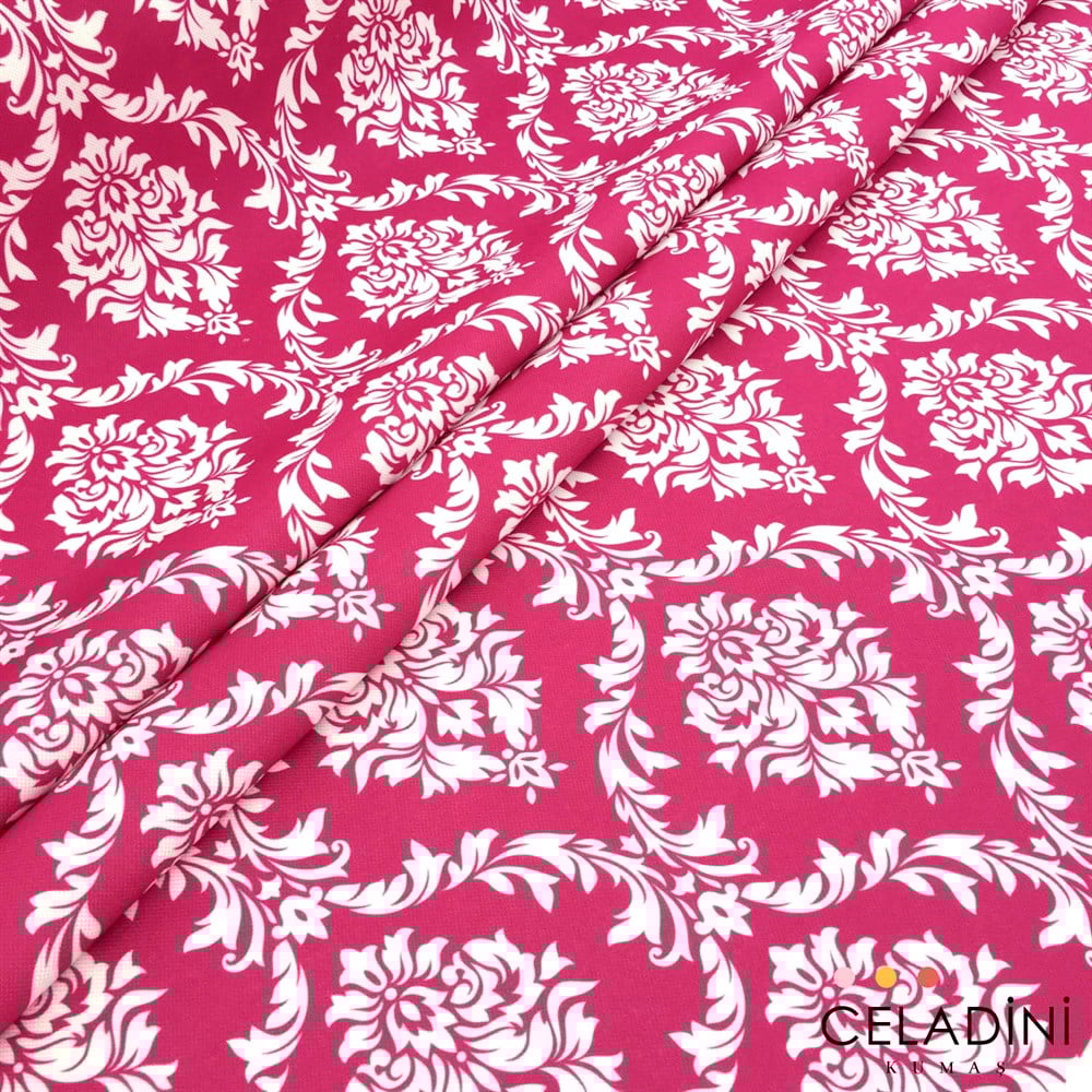 Fuşya Beyaz Büyük Damask Desenli Kumaş