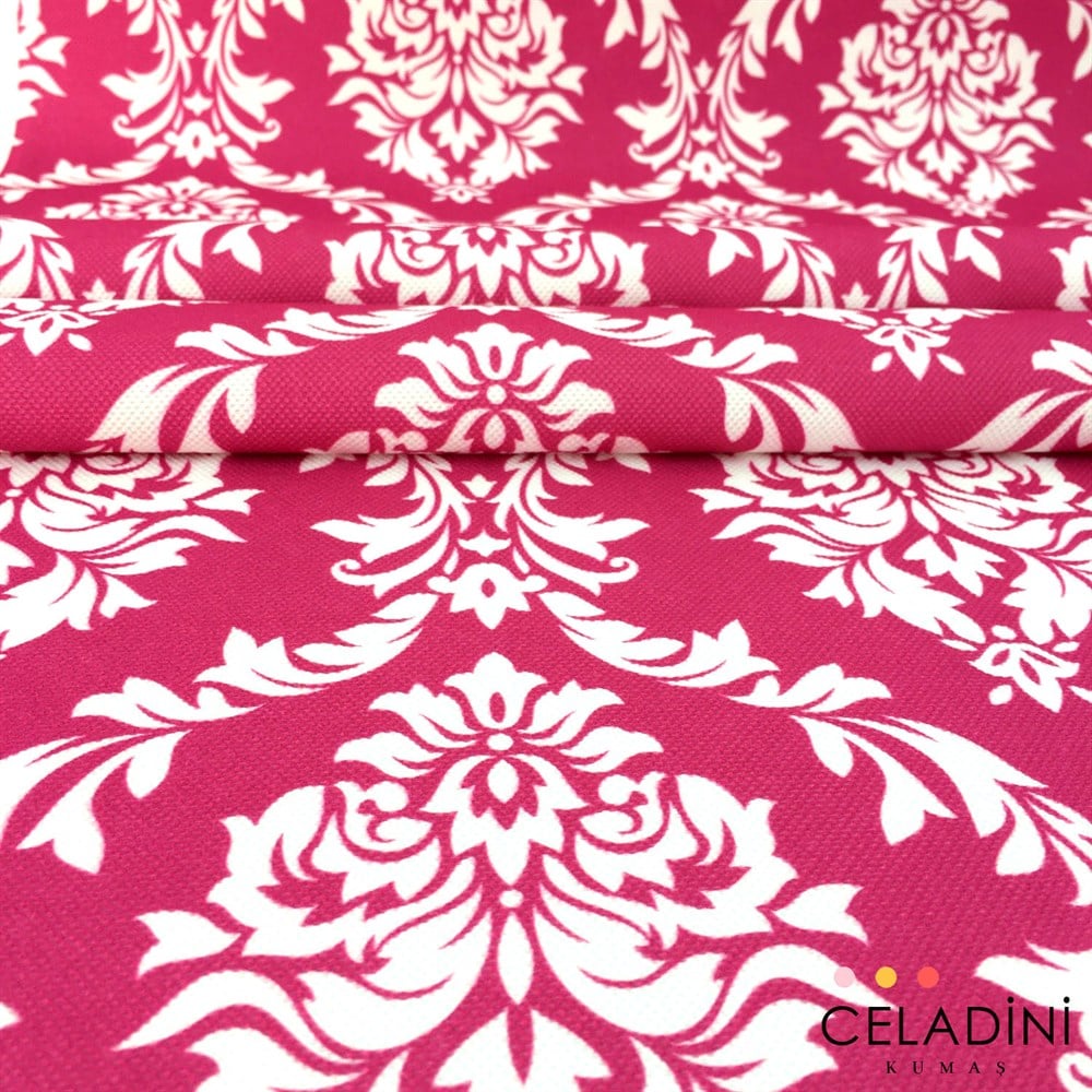 Fuşya Beyaz Büyük Damask Desenli Kumaş