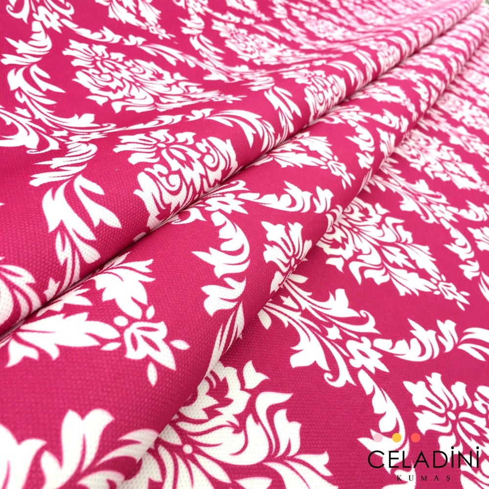 Fuşya Beyaz Büyük Damask Desenli Kumaş