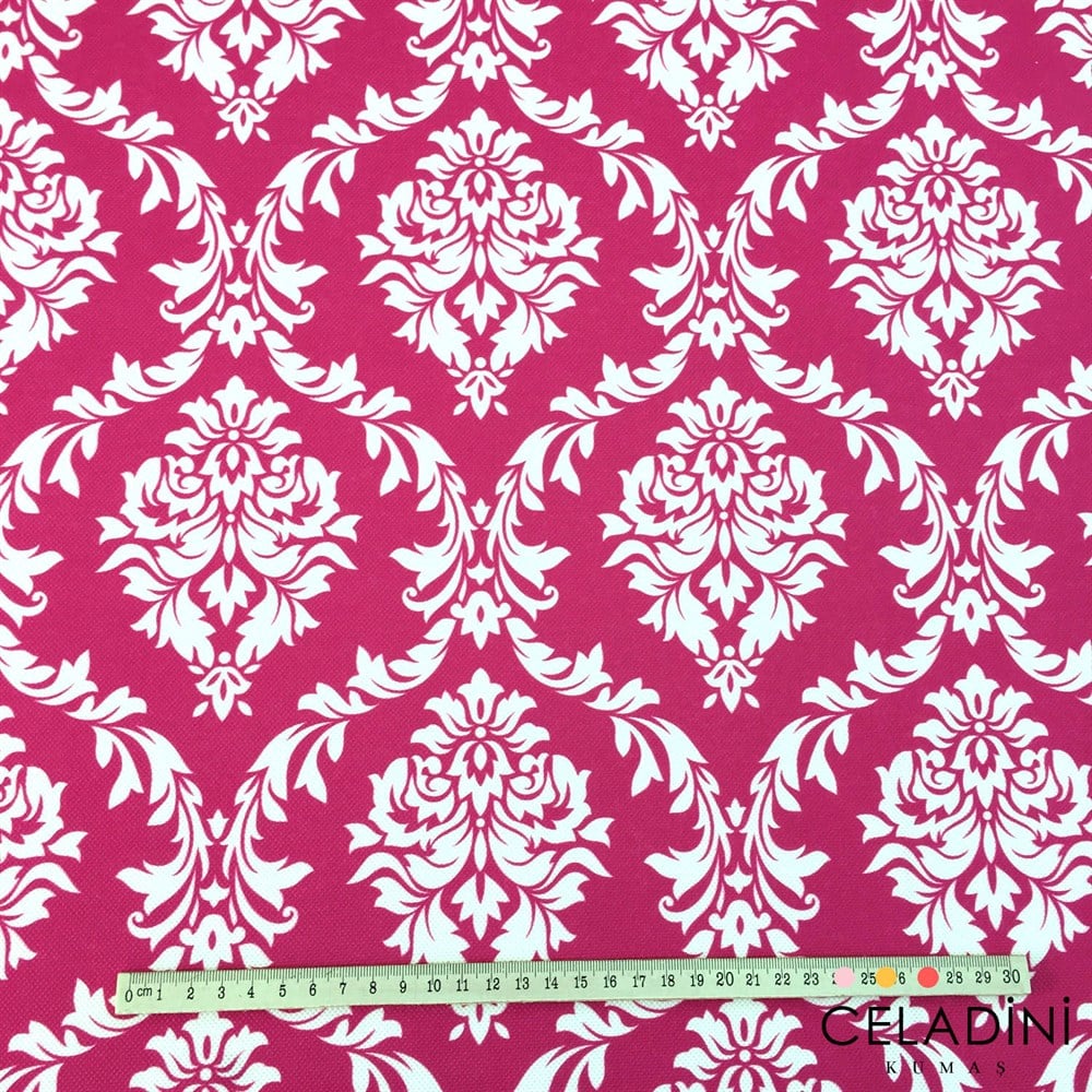 Fuşya Beyaz Büyük Damask Desenli Kumaş