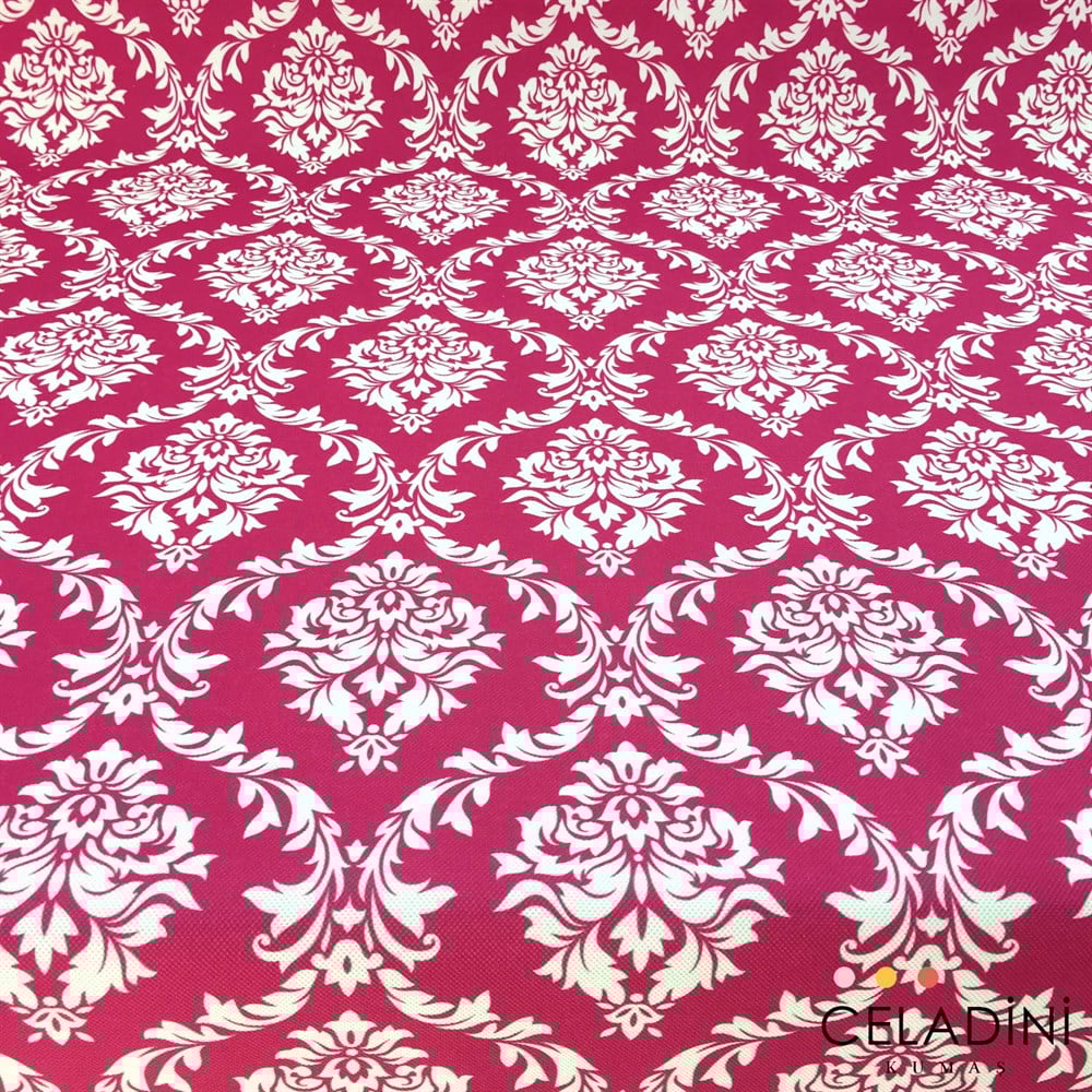 Fuşya Beyaz Büyük Damask Desenli Kumaş