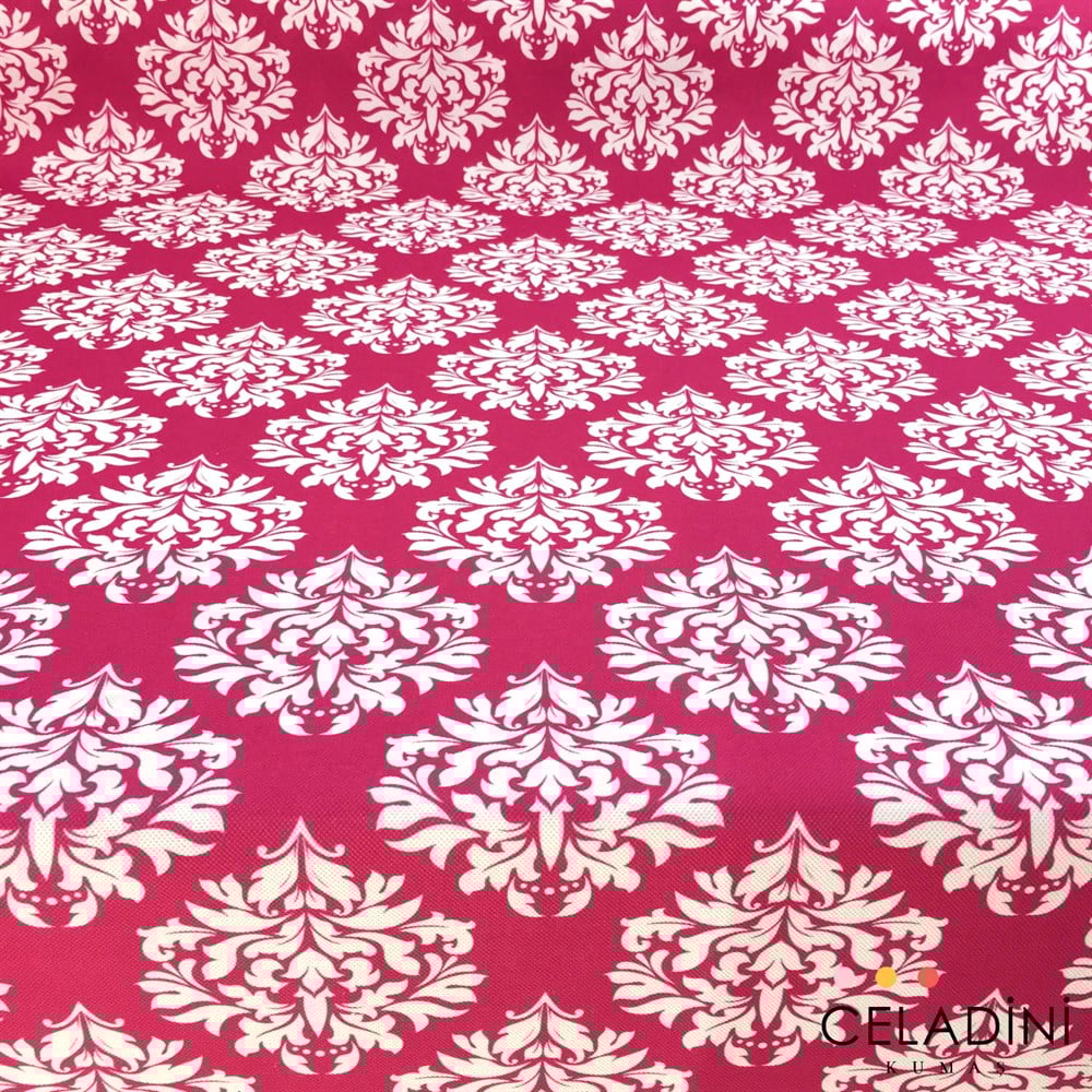 Fuşya Beyaz Damask Desenli Kumaş