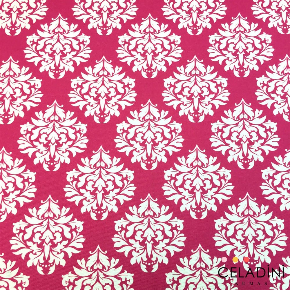 Fuşya Beyaz Damask Desenli Kumaş