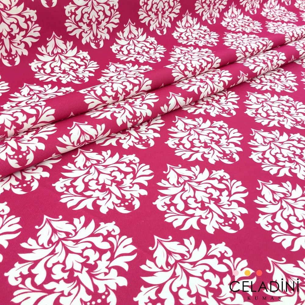 Fuşya Beyaz Damask Desenli Kumaş