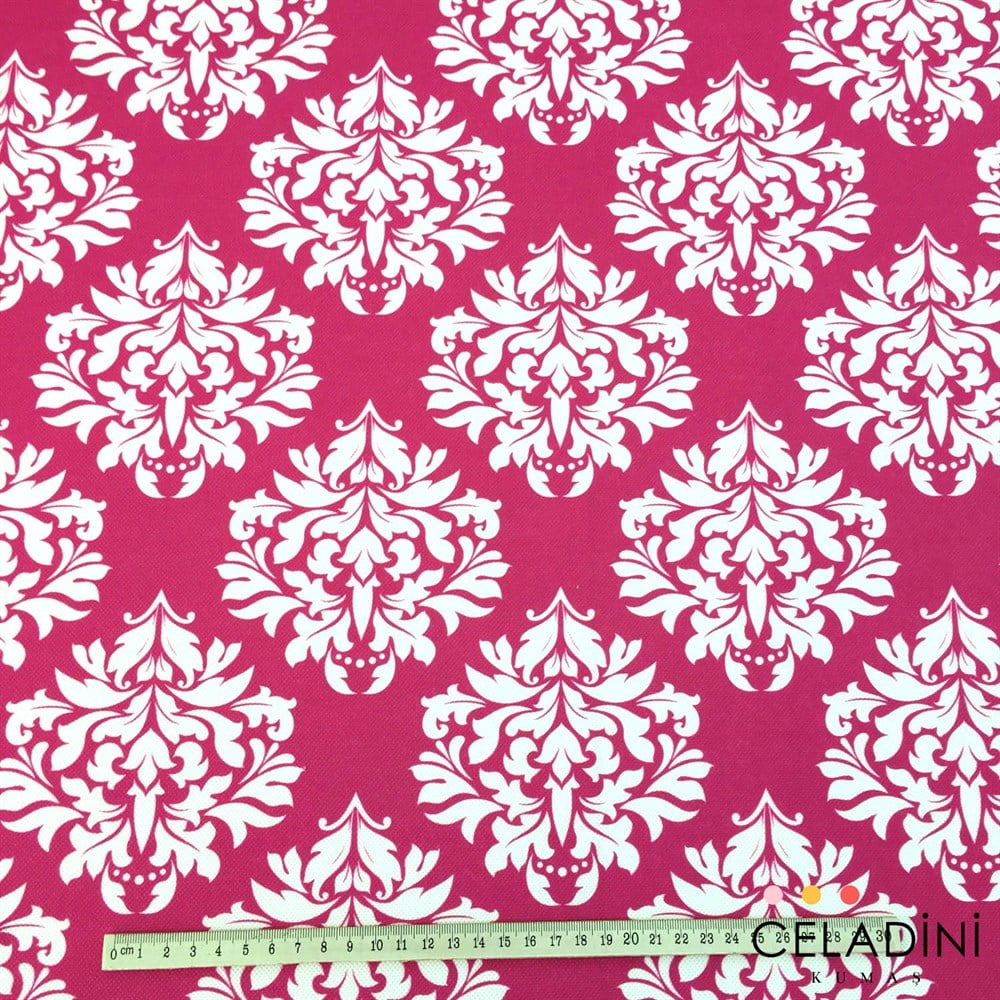 Fuşya Beyaz Damask Desenli Kumaş
