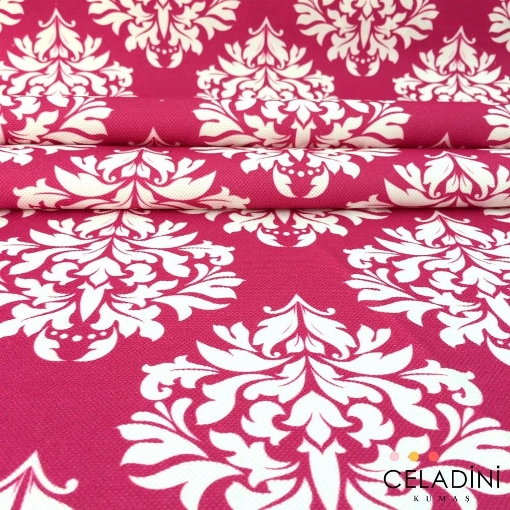 Fuşya Beyaz Damask Desenli Kumaş