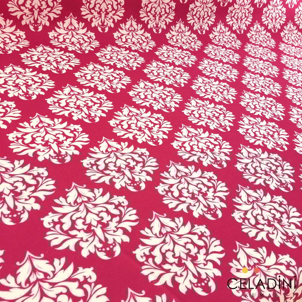 Fuşya Beyaz Damask Desenli Kumaş