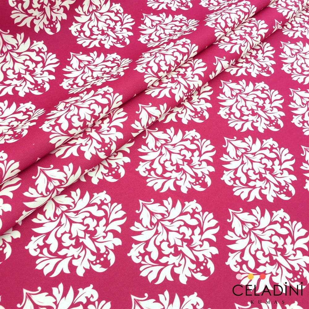 Fuşya Beyaz Damask Desenli Kumaş