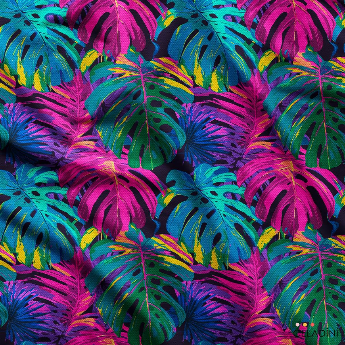 Fuşya Turkuaz Neon Monstera Desenli Kumaş