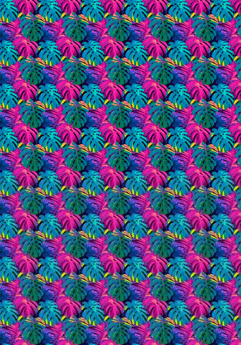 Fuşya Turkuaz Neon Monstera Desenli Kumaş