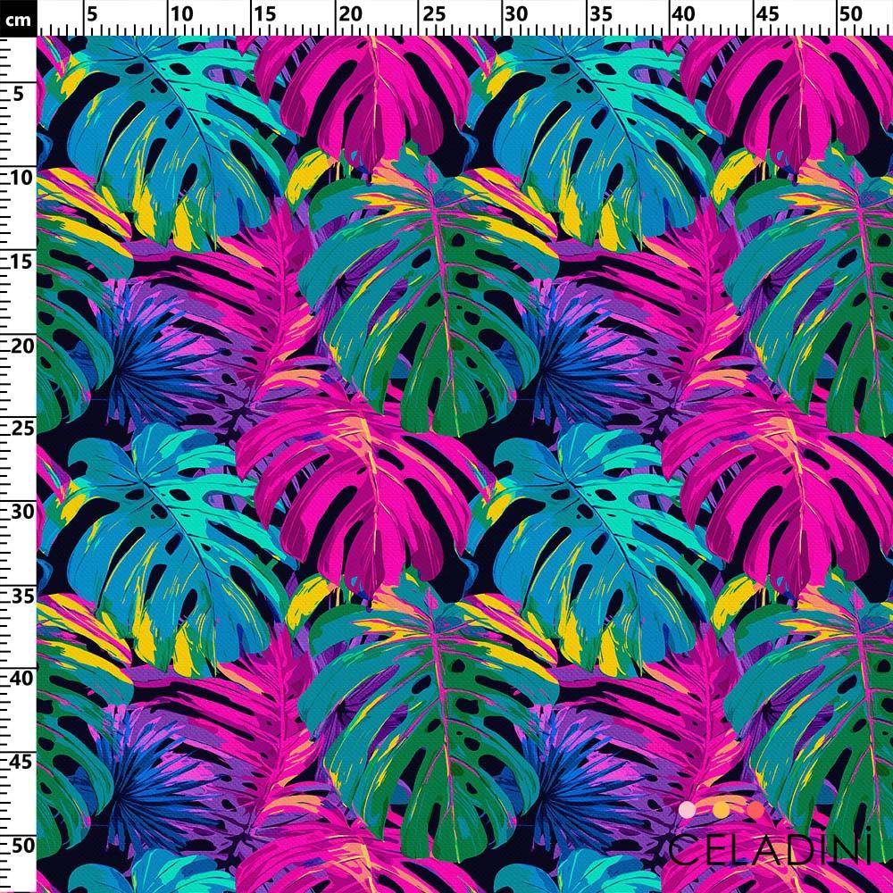 Fuşya Turkuaz Neon Monstera Desenli Kumaş