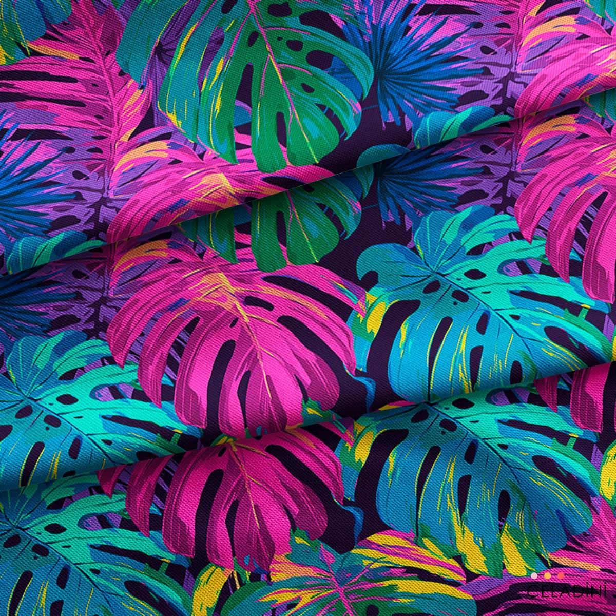 Fuşya Turkuaz Neon Monstera Desenli Kumaş