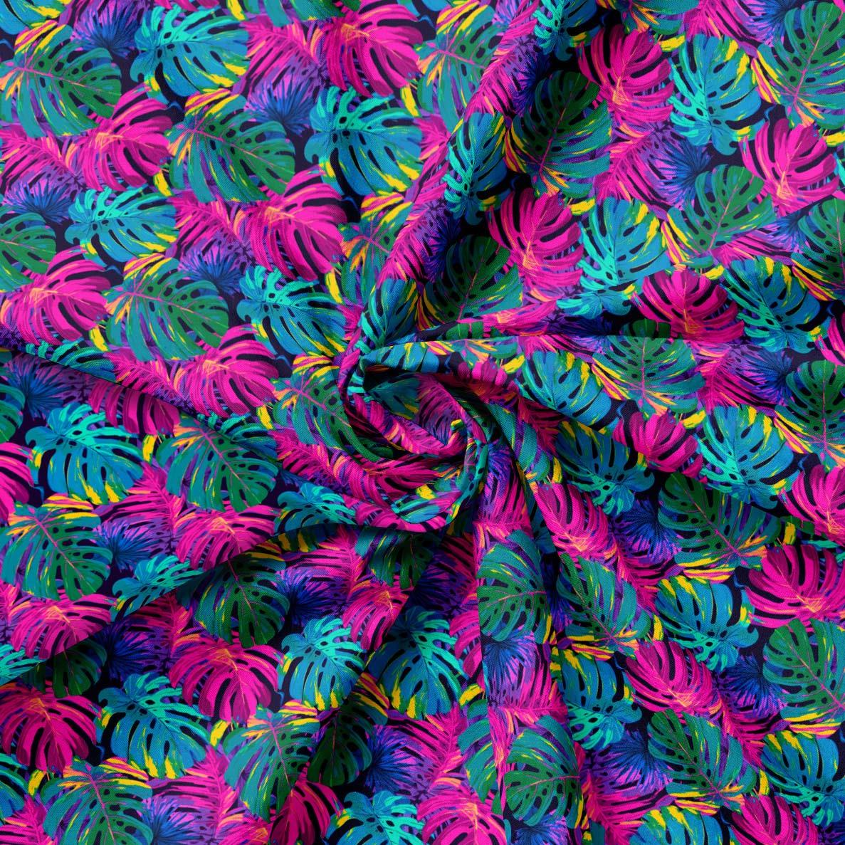 Fuşya Turkuaz Neon Monstera Desenli Kumaş