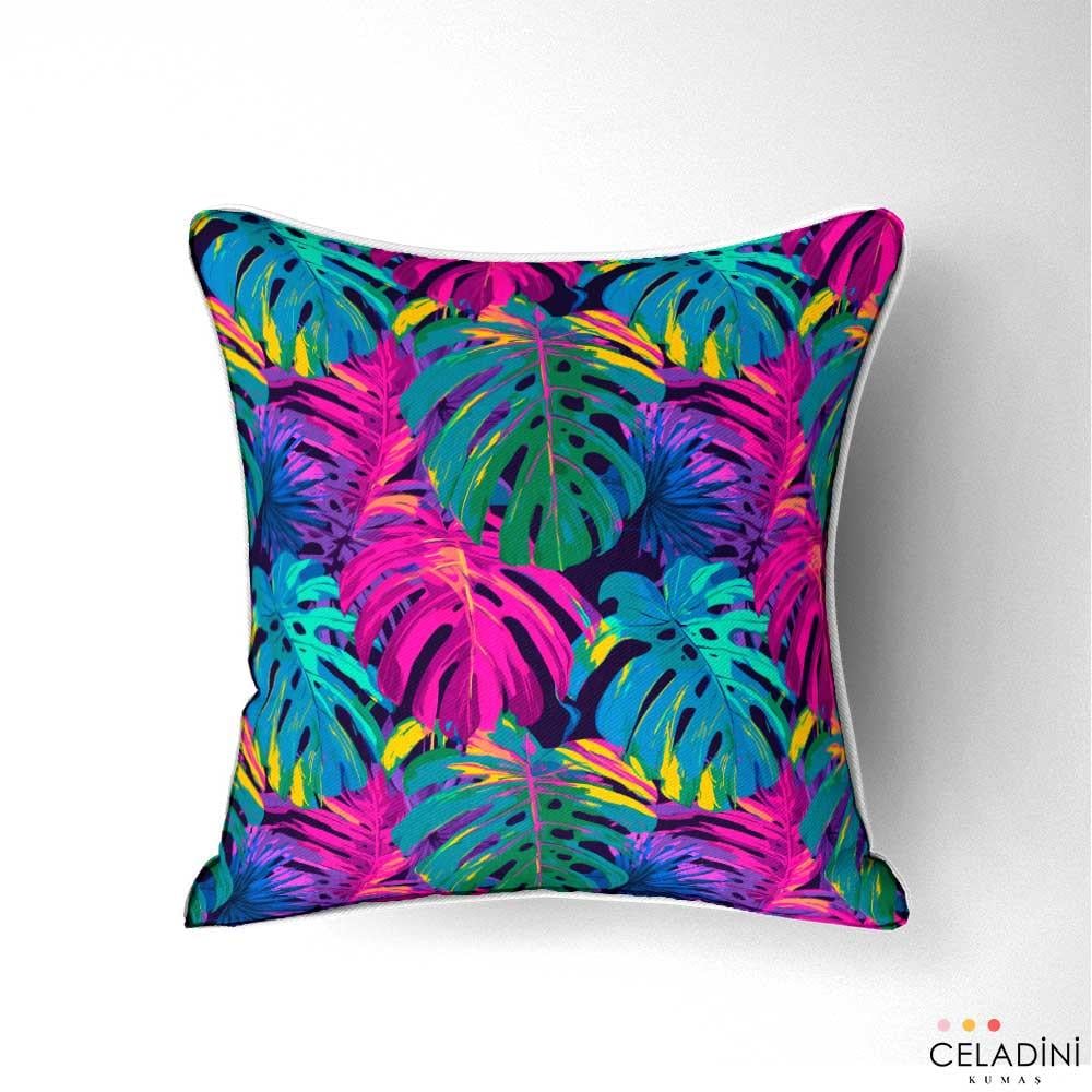 Fuşya Turkuaz Neon Monstera Desenli Kumaş