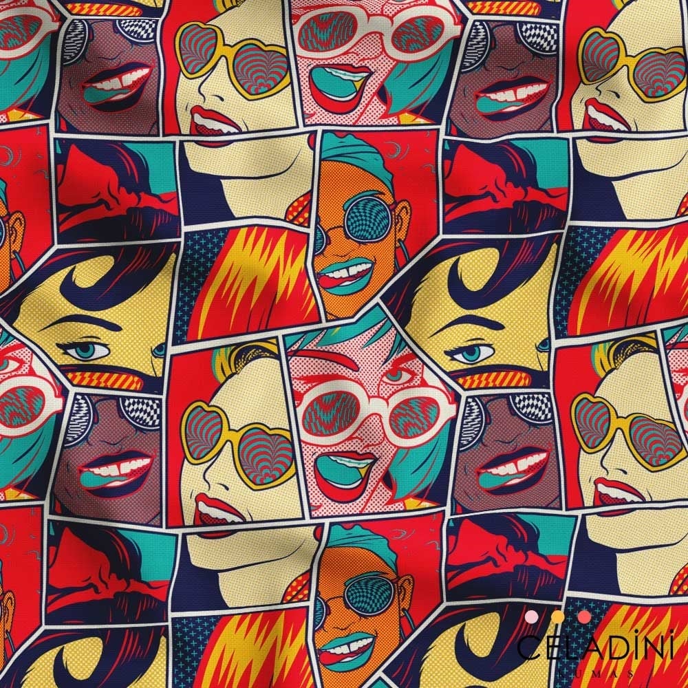 Gözlüklü Kadınlar Pop Art Desenli Kumaş