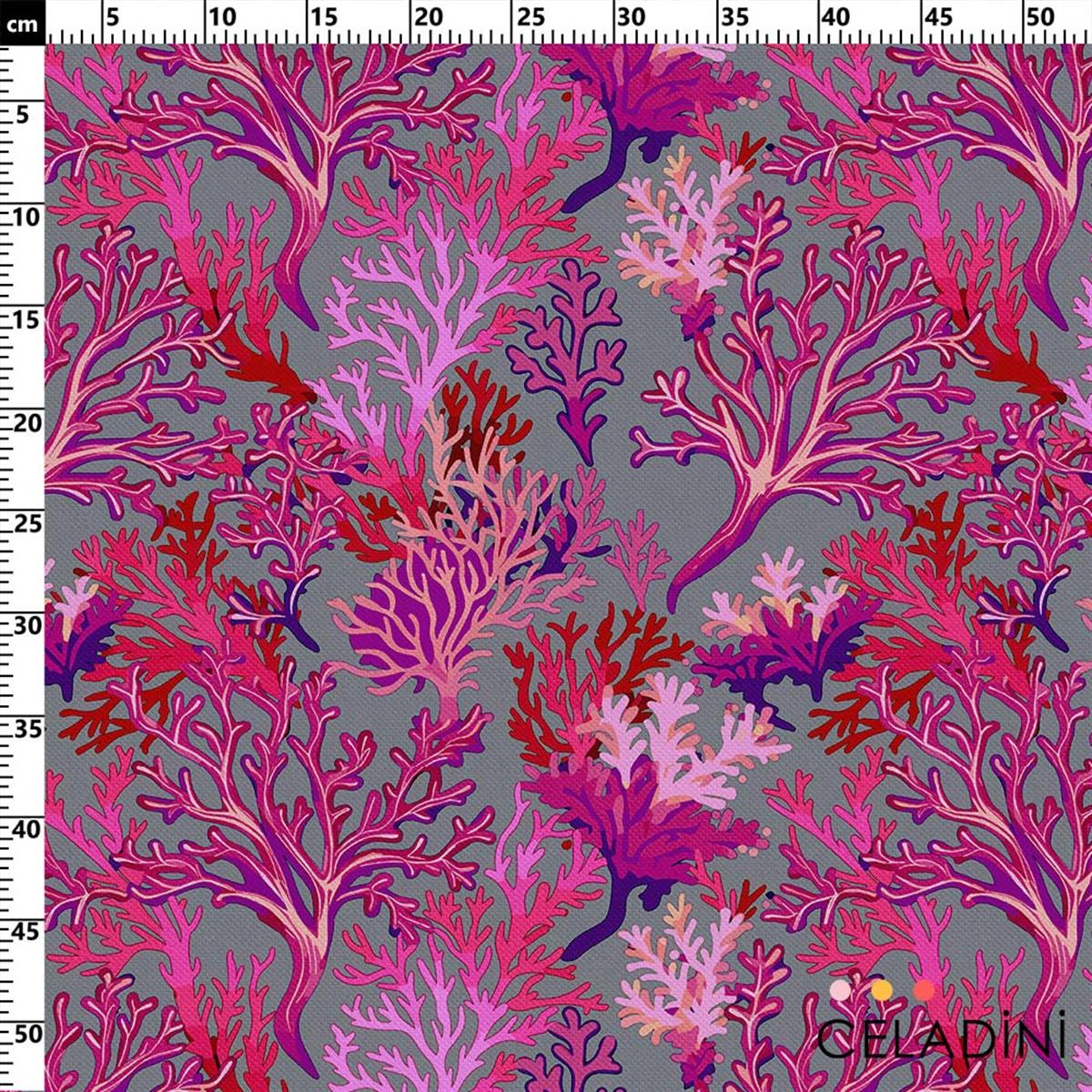 Gri Fon Fuşya Eflatun Mercan Desenli Kumaş