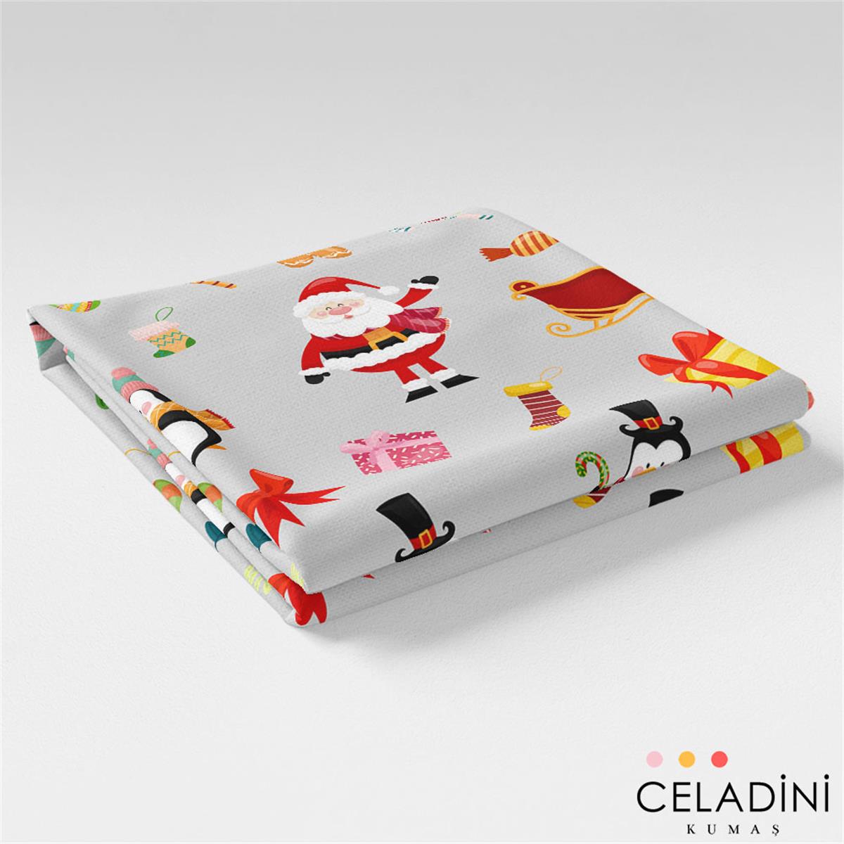 Gri Fon Noel Baba Penguen Yılbaşı Kumaşı