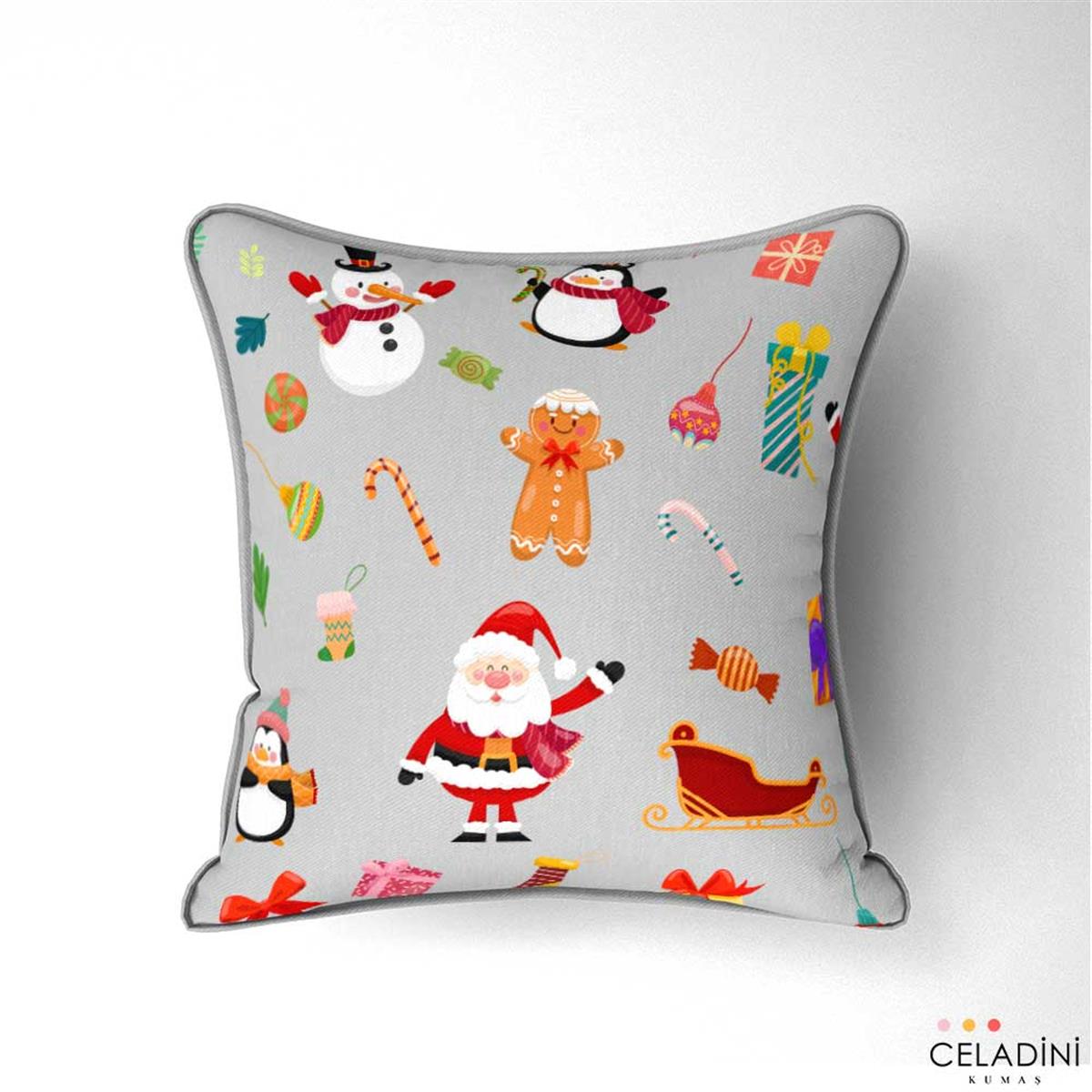 Gri Fon Noel Baba Penguen Yılbaşı Kumaşı