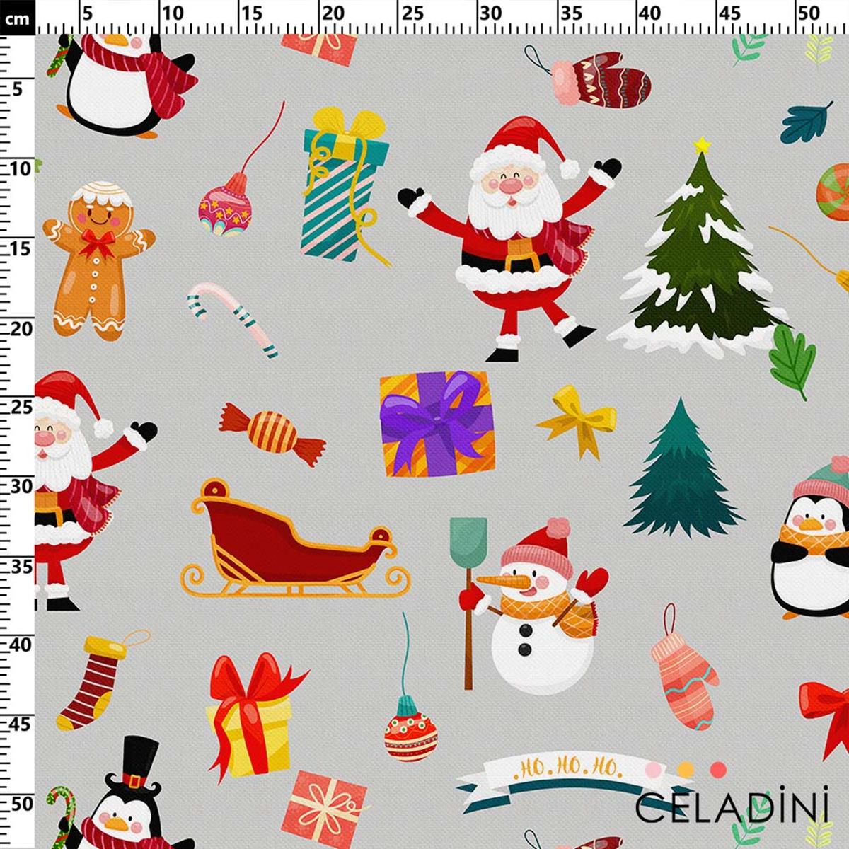 Gri Fon Noel Baba Penguen Yılbaşı Kumaşı