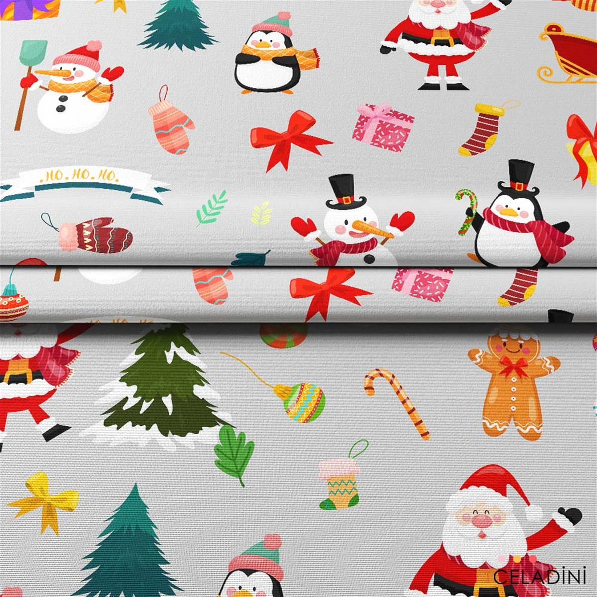 Gri Fon Noel Baba Penguen Yılbaşı Kumaşı