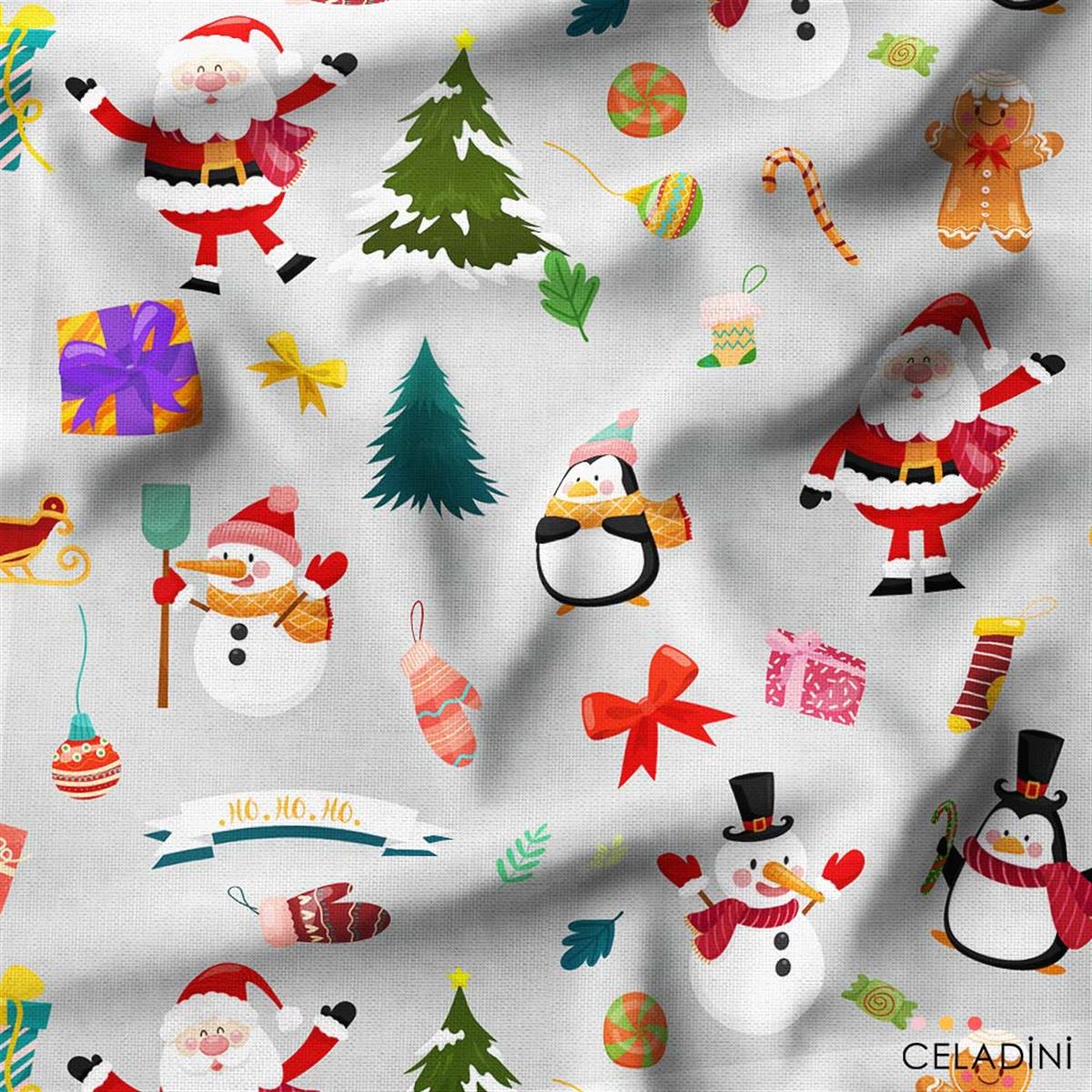 Gri Fon Noel Baba Penguen Yılbaşı Kumaşı