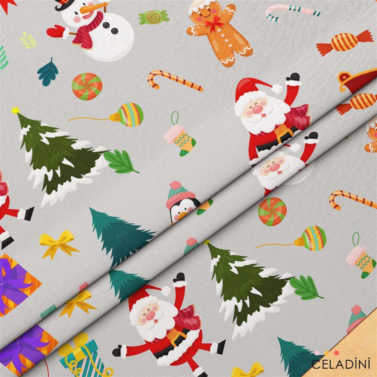Gri Fon Noel Baba Penguen Yılbaşı Kumaşı