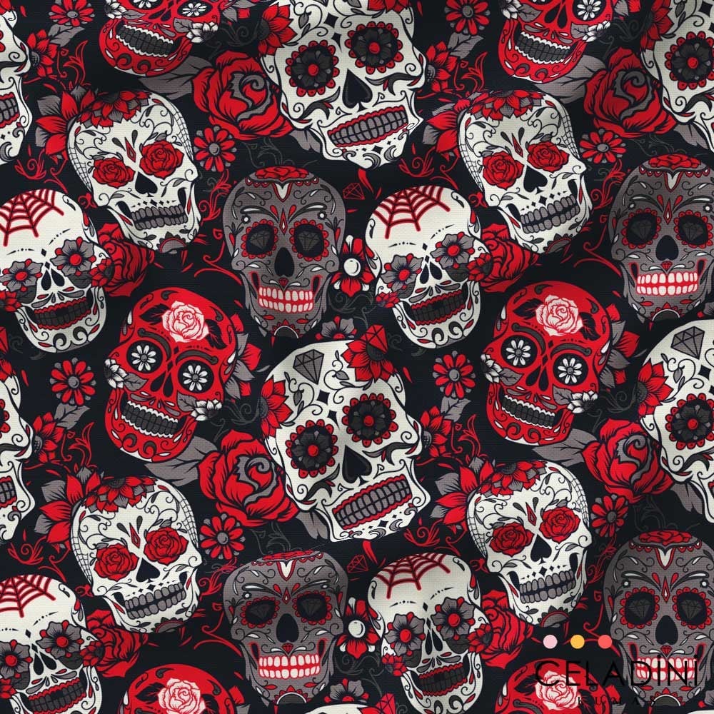 Gri Kırmızı Skullcandy Pop Art Desenli Kumaş