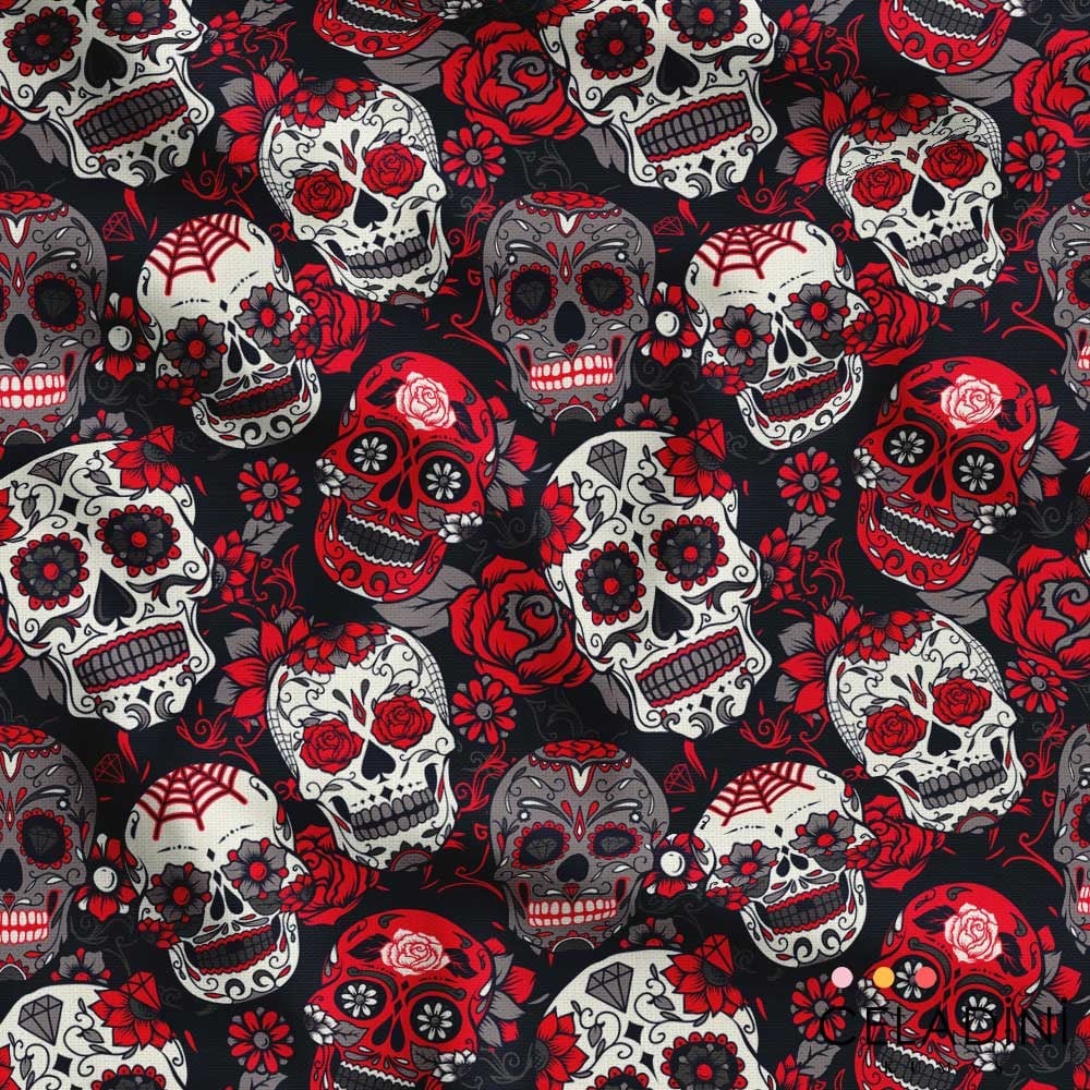 Gri Kırmızı Skullcandy Pop Art Desenli Kumaş